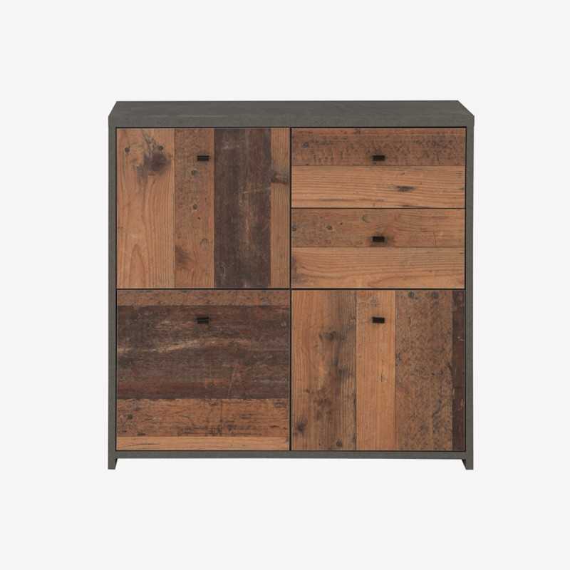 Vue de trois-quarts de la commode CHEST avec les portes et tiroirs ouverts